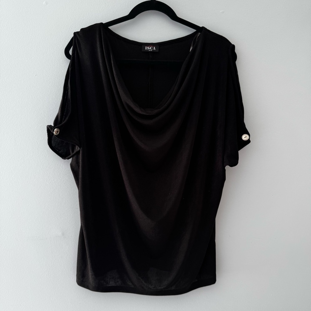 ISCA – Black Draped Cowl Neck Top with Buton detail open sleeve- Medium